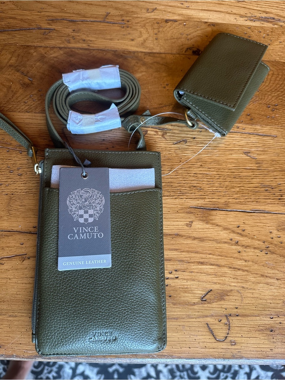 Vince Camuto Olive Green Leather Crossbody Phone Pouch with Card Slot